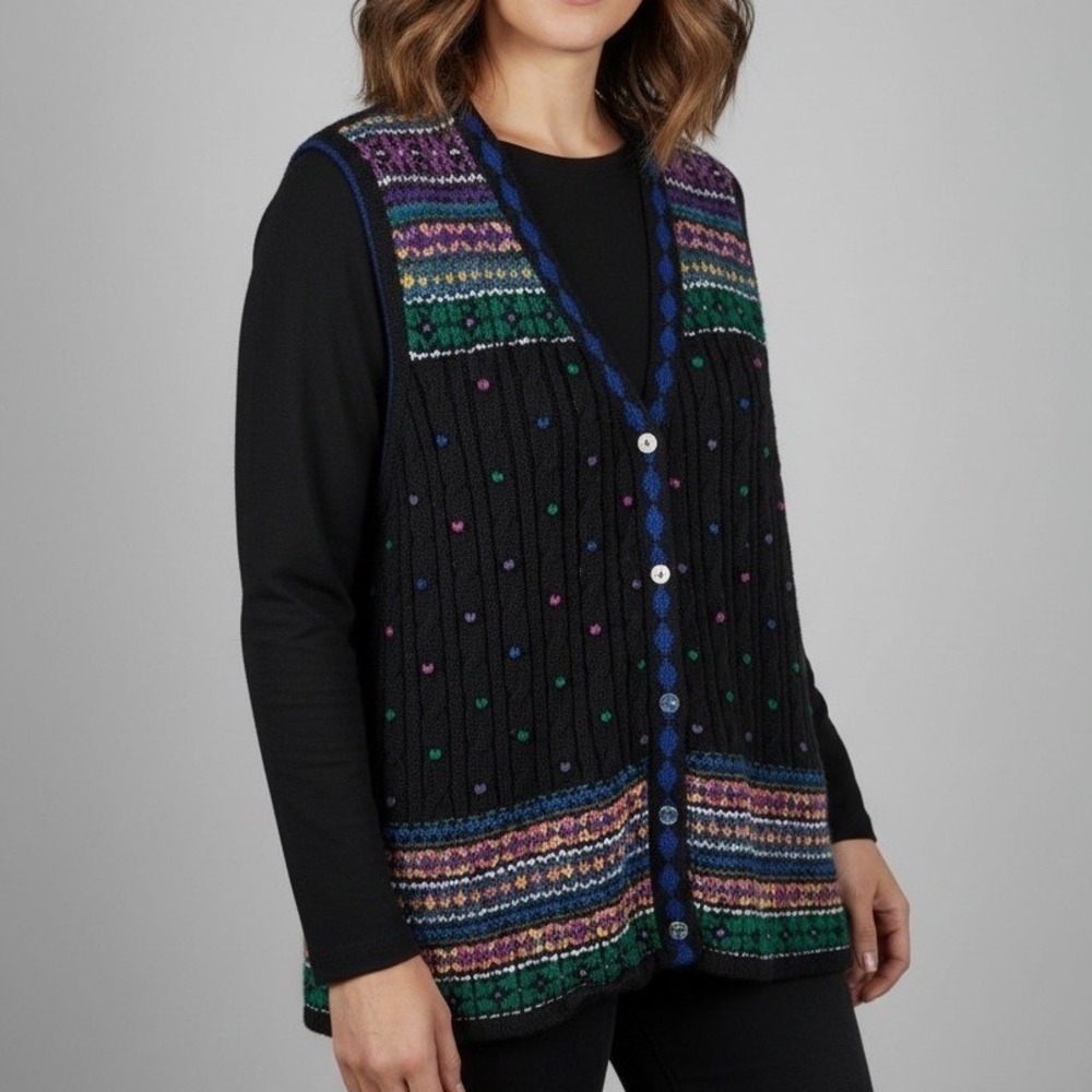RUSS RRUSS  Women's Black Multi Color Knit Vest Sweater Size 2X Cable Knit